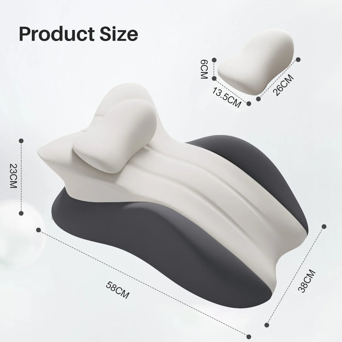 A white memory foam wedge pillow shown with various dimensions and angles.