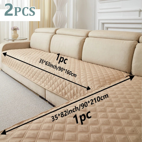 Two beige quilted sofa cushion covers are shown on a sofa, with dimensions provided for each piece.
