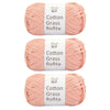 Three skeins of pink cotton grass roving yarn labeled Cotton Grass Rofite