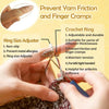A hand is shown adjusting a crochet ring on yarn, demonstrating the use of an adjustable and durable tension ring.