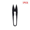 A single pair of black ergonomic stainless steel thread snip scissors.
