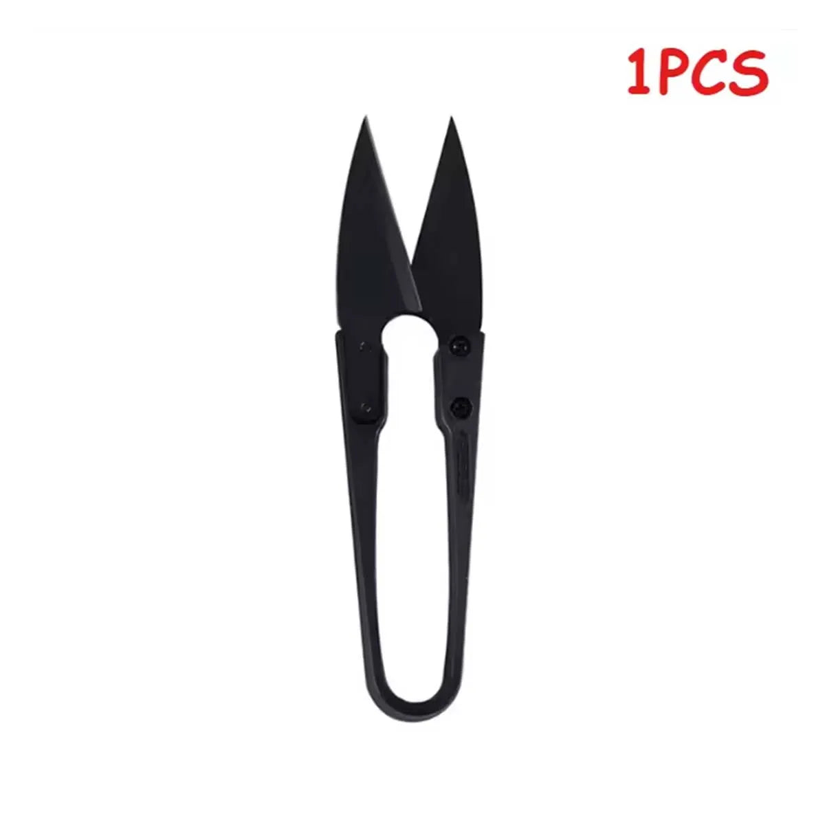 A single pair of black ergonomic stainless steel thread snip scissors.