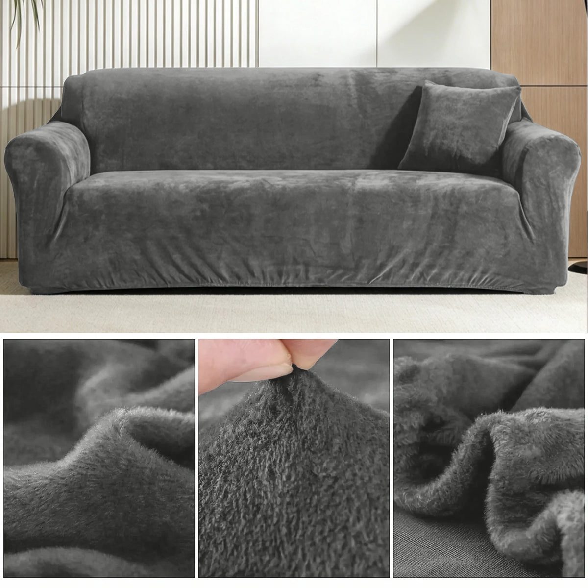A dark gray stretch velvet sofa slipcover shown in a full view and close-ups of the fabric texture.
