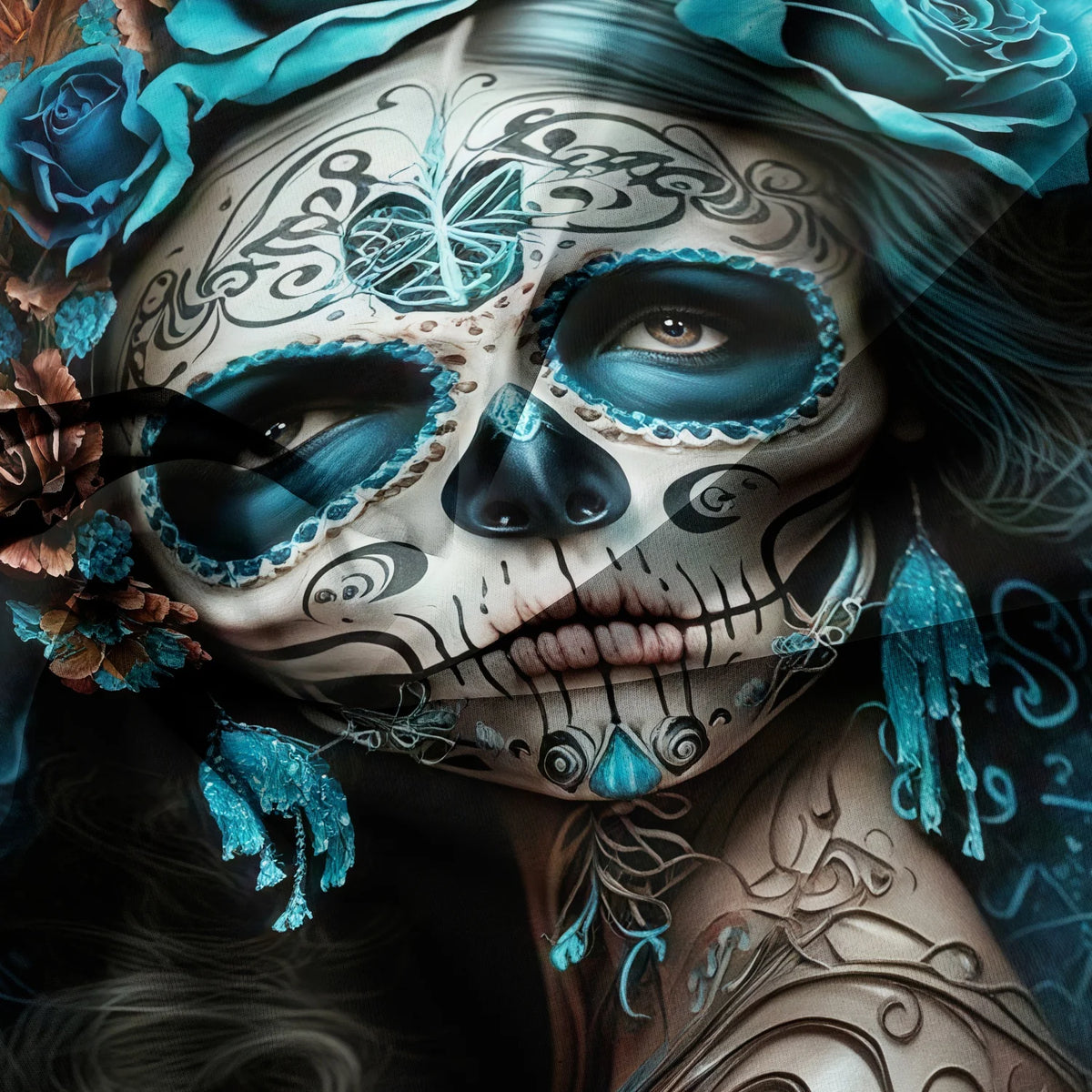 A detailed artistic rendering of a sugar skull face with blue and teal floral patterns.