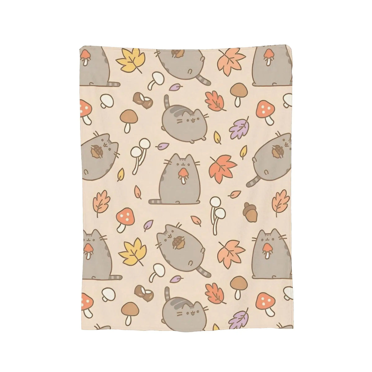 A beige throw blanket featuring a pattern of cute gray cat illustrations and various mushrooms and leaves.