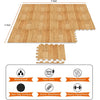 A rectangular wooden interlocking foam floor mat showing wood grain texture and various features like waterproof, non-toxic, 
