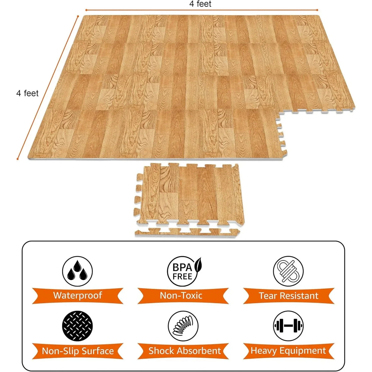 A rectangular wooden interlocking foam floor mat showing wood grain texture and various features like waterproof, non-toxic, 