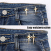Close-up of dark wash denim jeans showing easy waist retraction features with gold Y2K star clips.