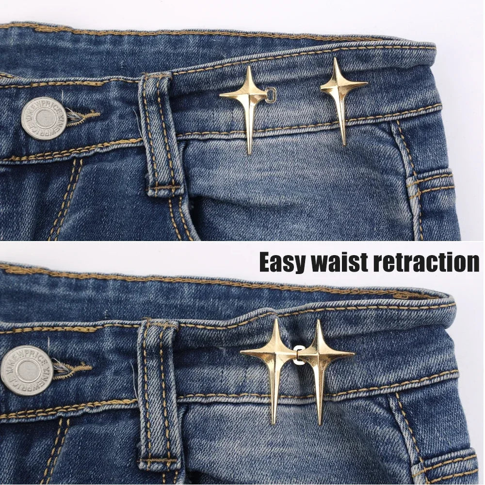 Close-up of dark wash denim jeans showing easy waist retraction features with gold Y2K star clips.
