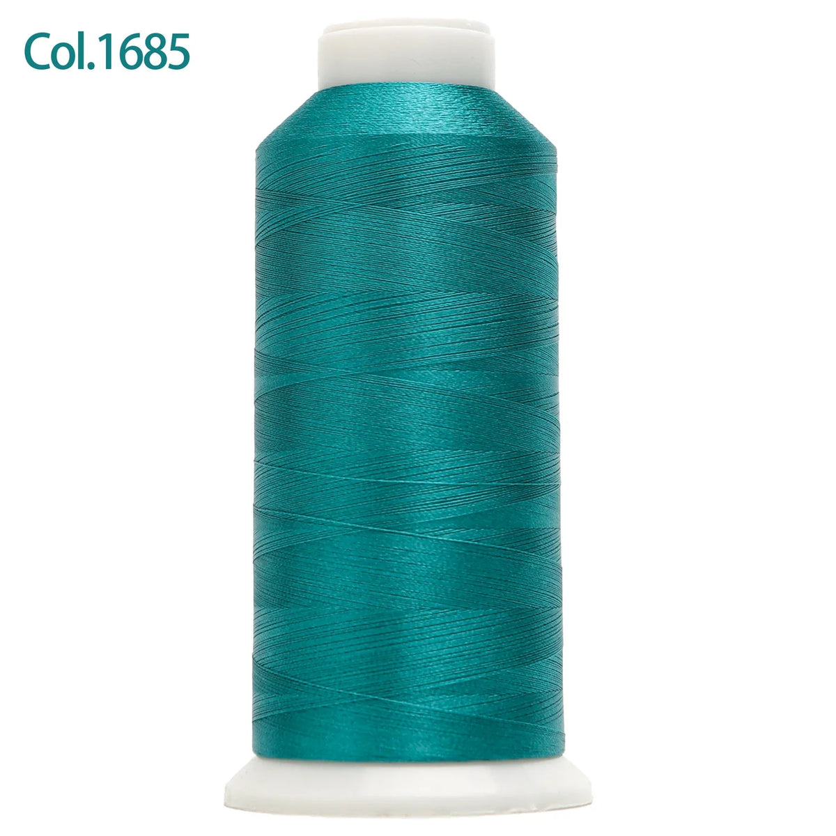A spool of teal embroidery thread labeled Col.1685 with a white core.