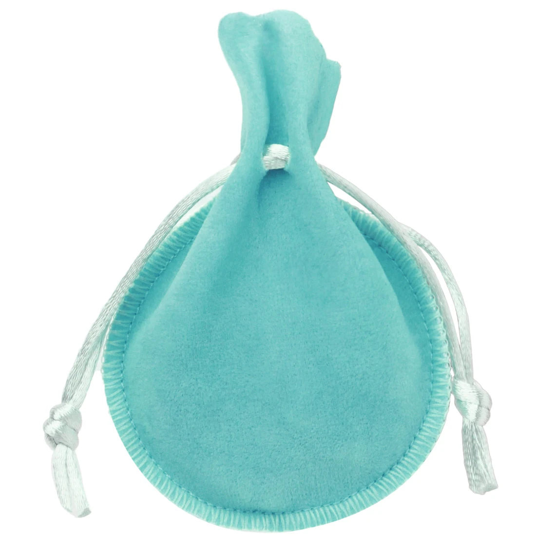 A teal velvet drawstring gift bag with a gourd shape and white cord.
