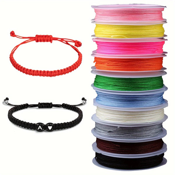 A set of various colored nylon cords for crafting and jewelry making, including red, yellow, pink, orange, green, blue, white