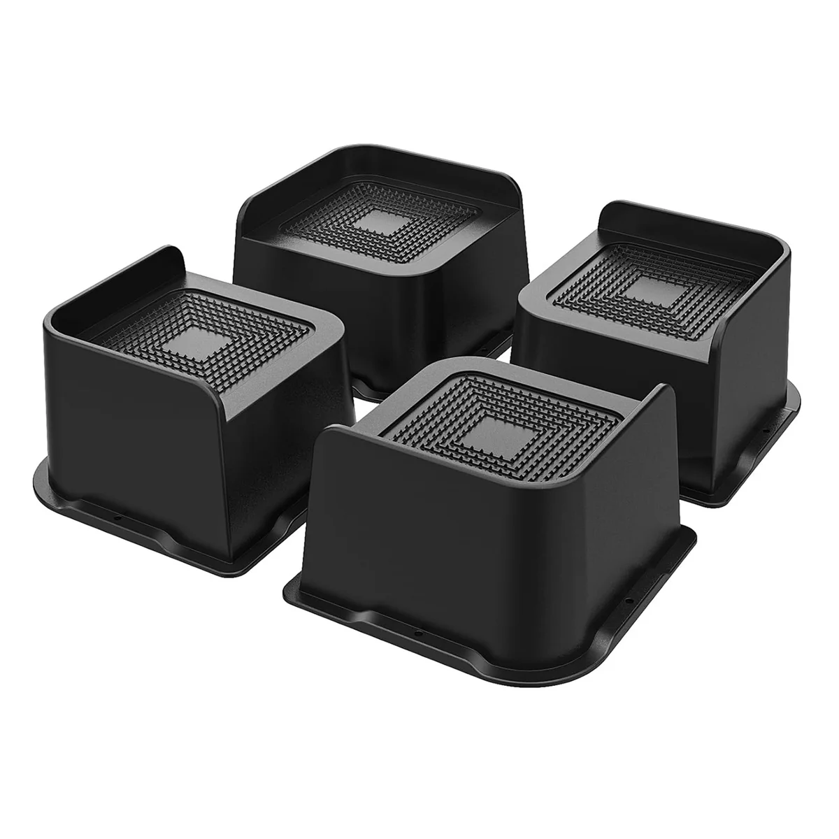 A pack of four black heavy duty furniture and bed risers with textured surfaces.