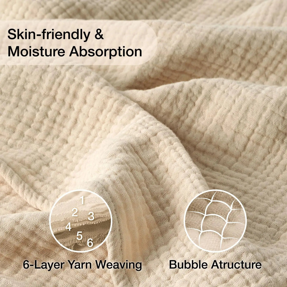 Close-up of a beige 6-layer yarn weaving fabric showing a bubble attructure texture for a blanket.