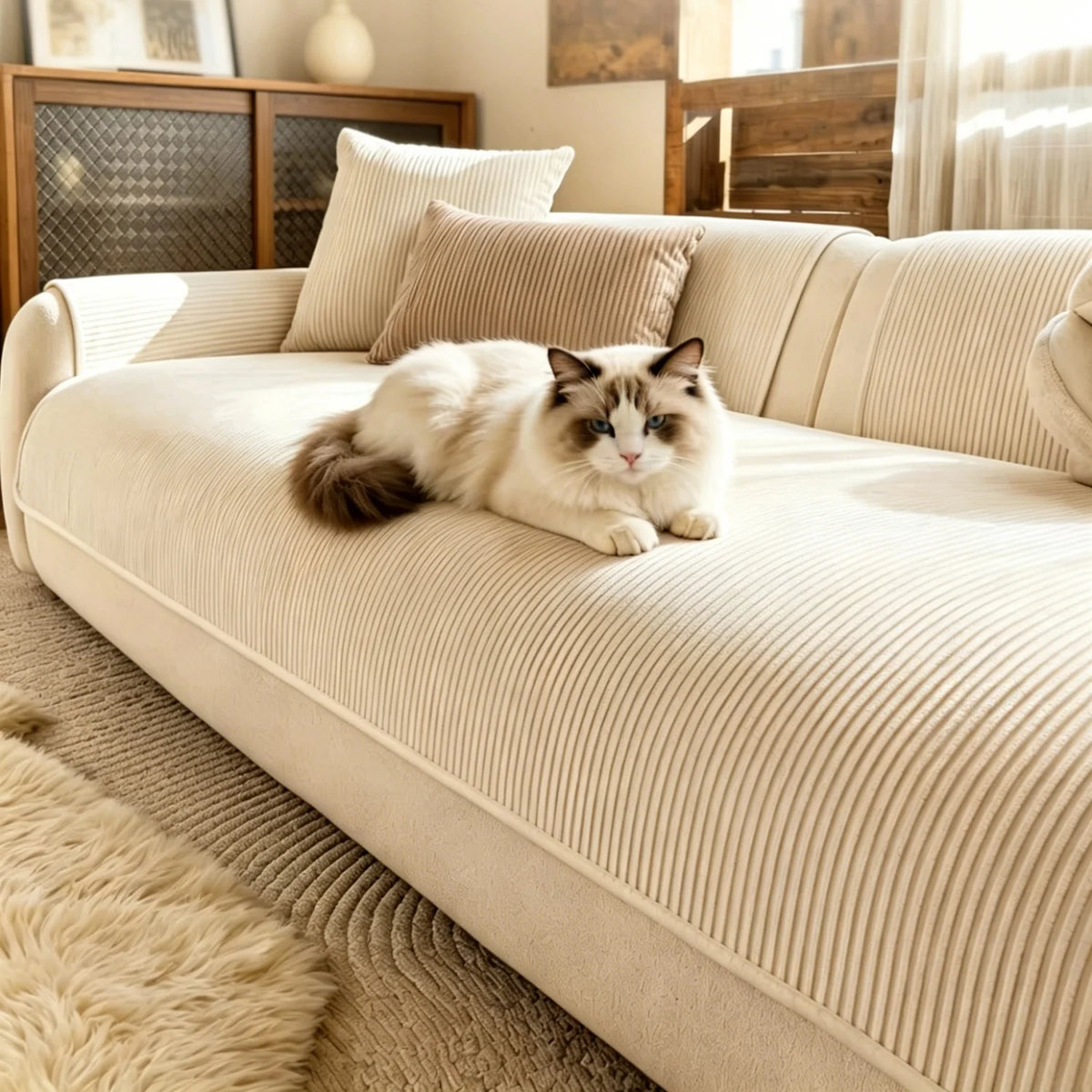 A fluffy calico cat rests on a beige striped sofa with matching pillows and a light tan rug.