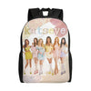 A pink and white graphic canvas backpack featuring a group of seven women.