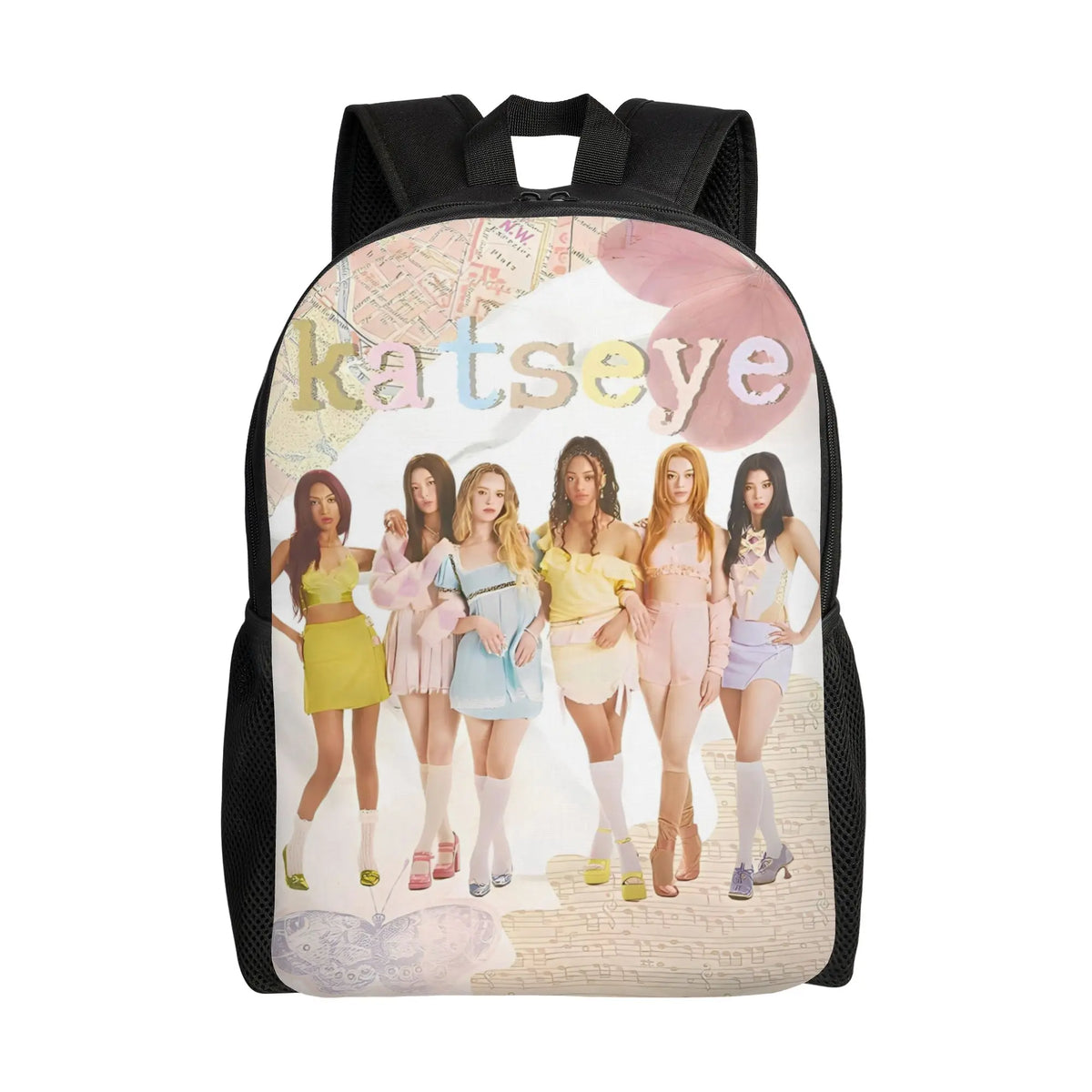 A pink and white graphic canvas backpack featuring a group of seven women.