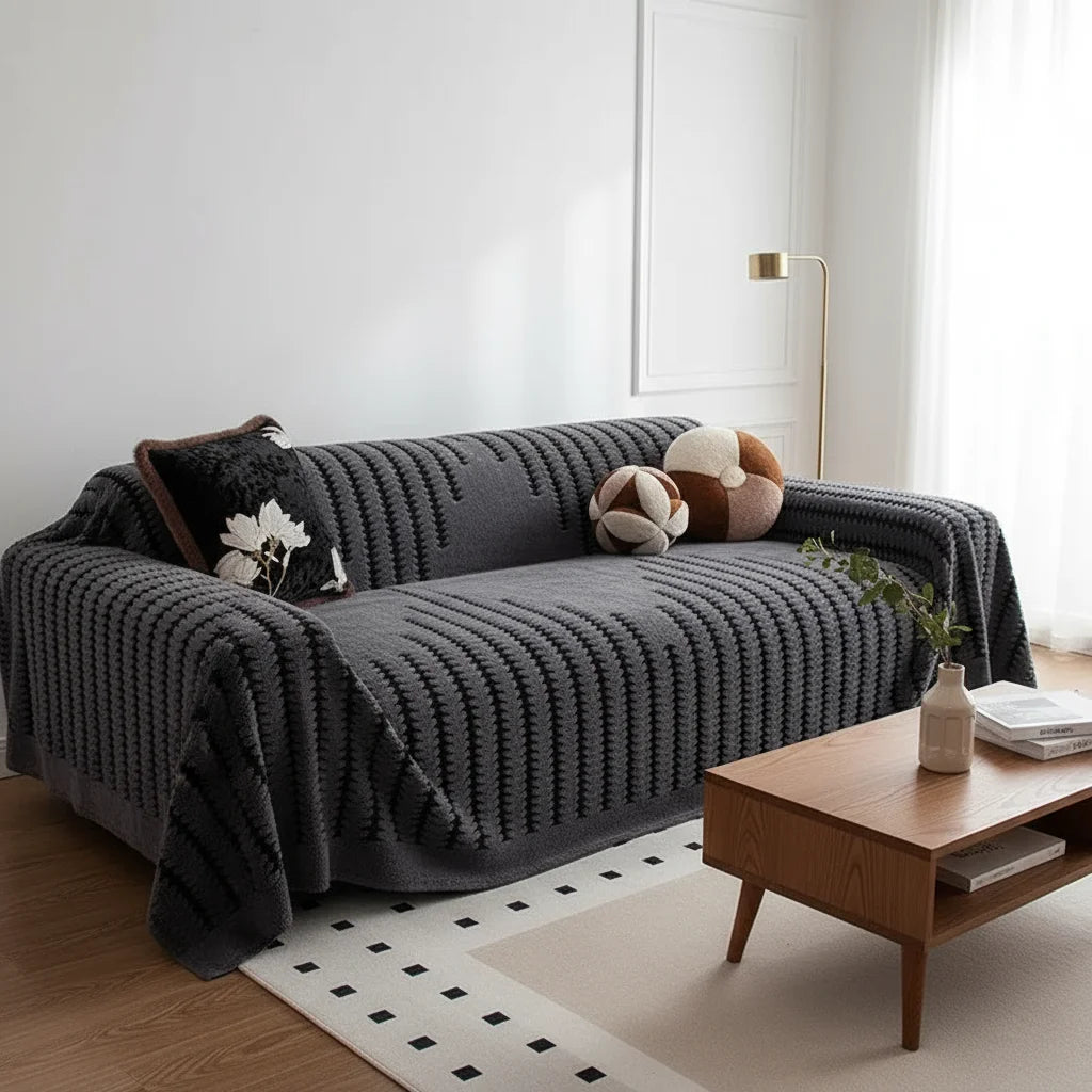 A dark gray bohemian striped sofa cover draped over a sofa in a bright room.