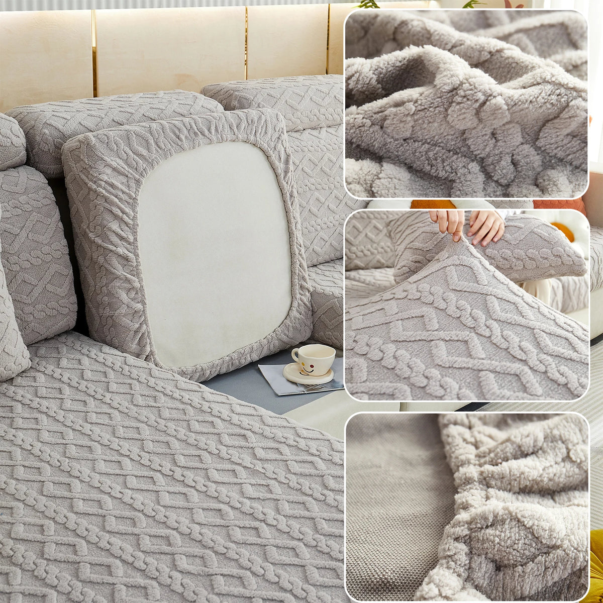 Close-up view of a plush gray velvet sofa cover with a textured knit pattern and anti-slip backing.