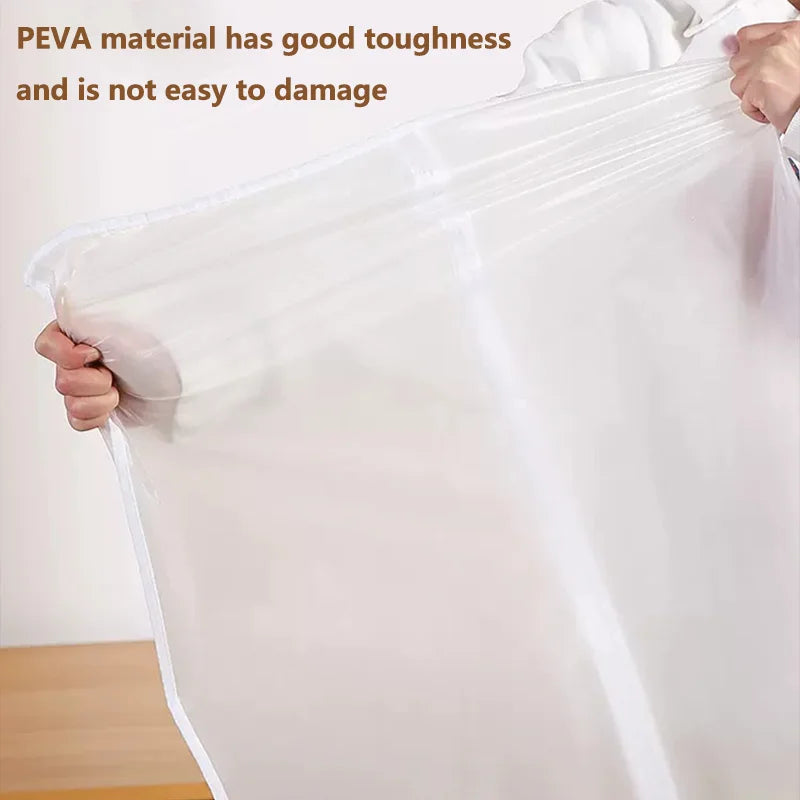 A hand holds a transparent zippered storage bag made of PEVA material.