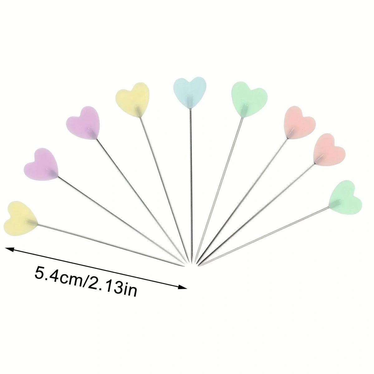 A set of ten heart-shaped sewing pins in pastel colors, including pink, yellow, blue, and green.