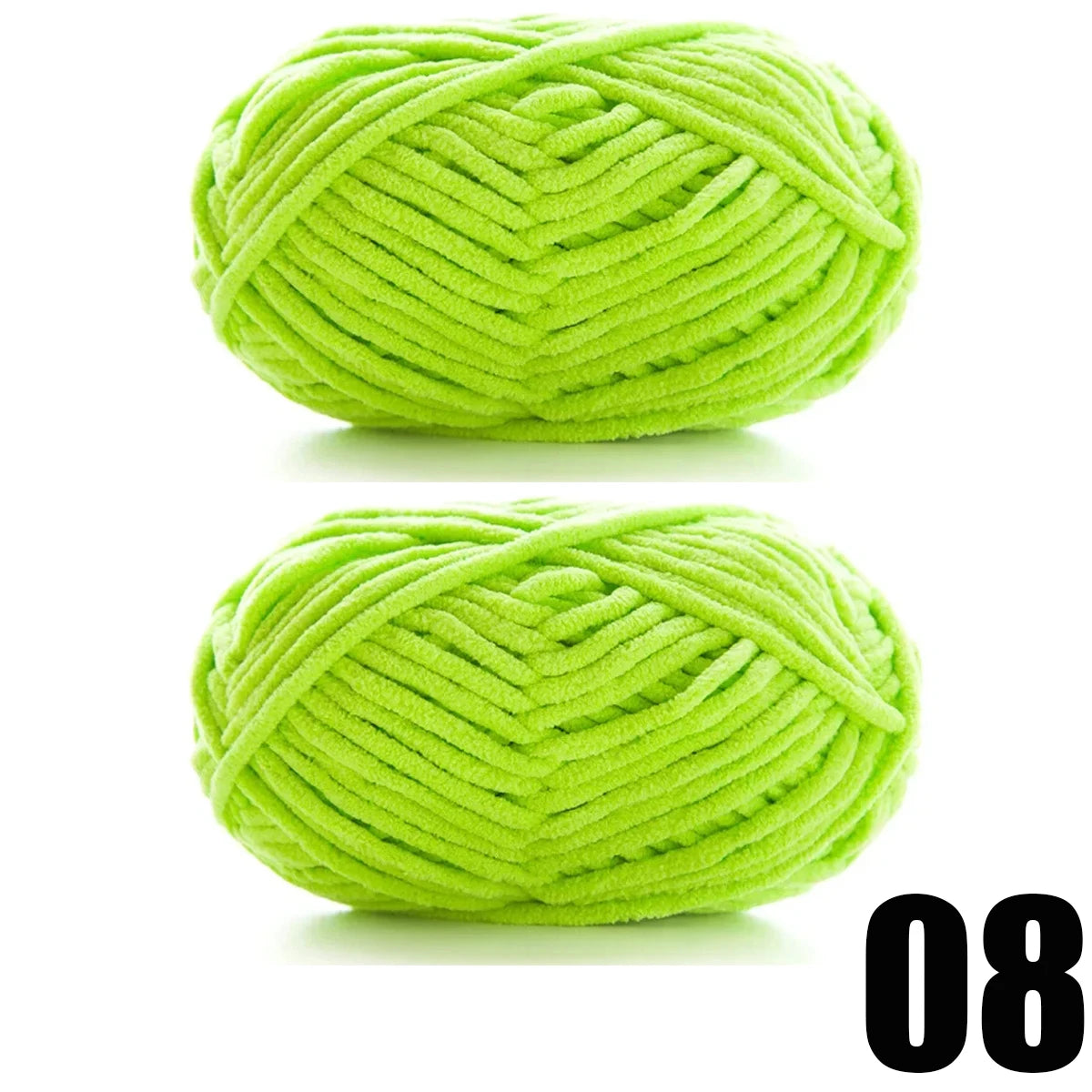 A ball of bright lime green thick velvet yarn for knitting and crochet projects.