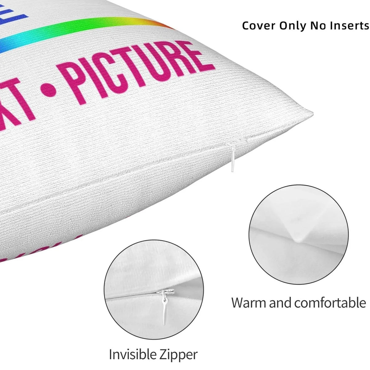 A white throw pillow cover with a pink text design showing an invisible zipper and warm, comfortable material.