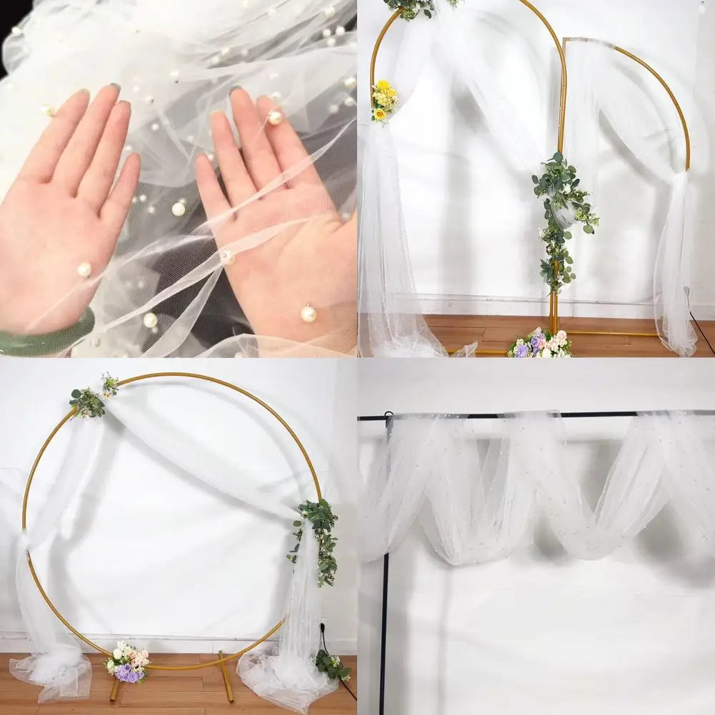 A pearl beaded tulle table runner displayed in various decorative setups.