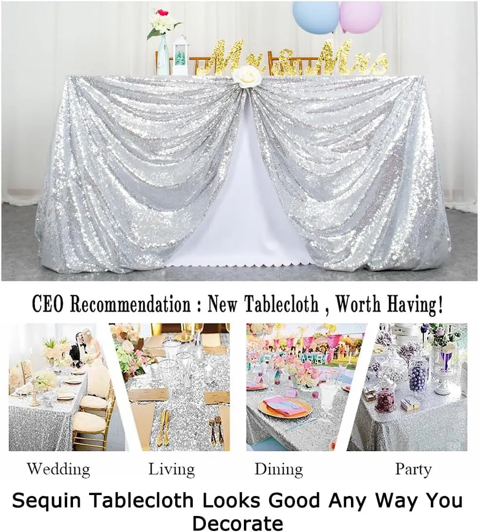 Sparkly silver sequin rectangle tablecloth draped elegantly for events and parties