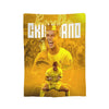 A yellow and gold graphic featuring a football player wearing a crown and a vintage football knit throw blanket.