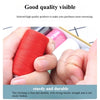 A hand is shown using a red spool of sewing thread to demonstrate its sturdy and durable tensile strength.