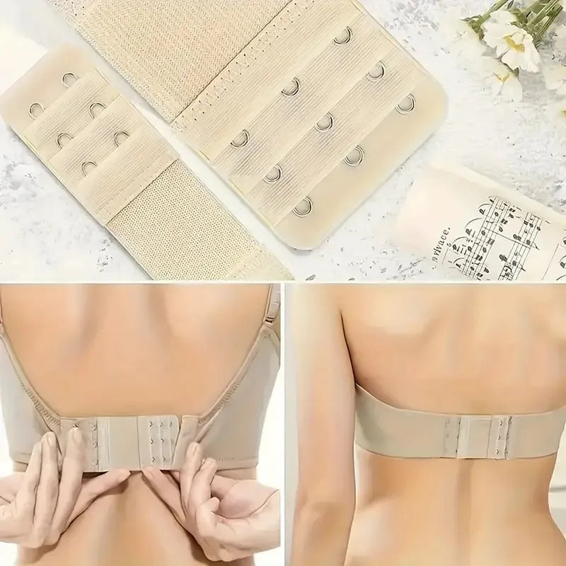 A set of beige adjustable bra extenders and a bra fitting guide are shown for enhanced support.