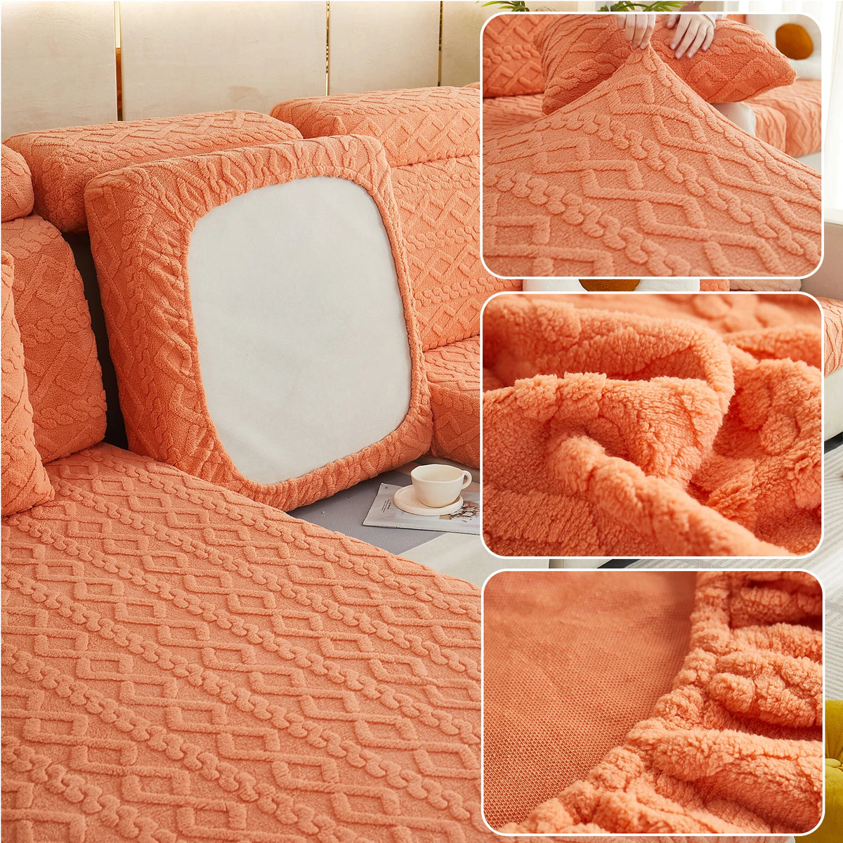Orange plush velvet sofa cover with quilted texture and anti-slip backing shown in various close-up angles