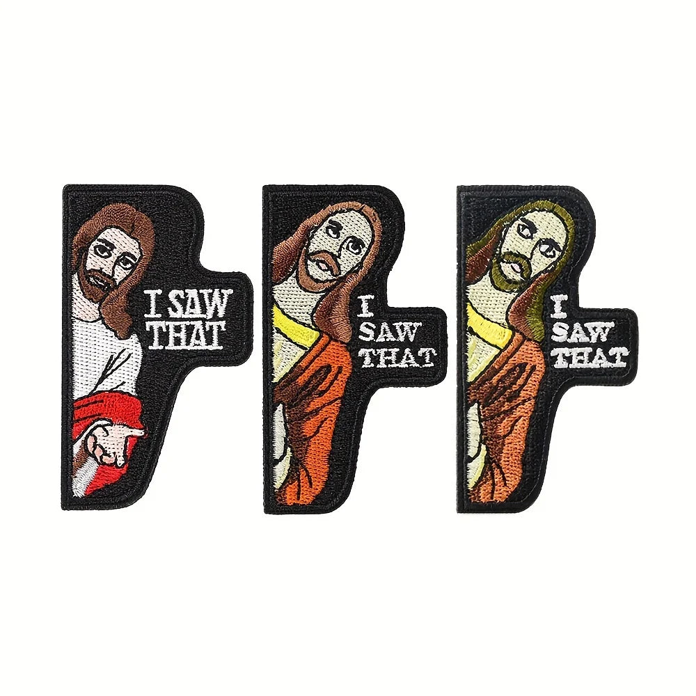 Three embroidered patches depicting Jesus with the text I SAW THAT on black fabric.