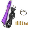 A purple rhinestone hot fix kit with an applicator tool and several gold-colored rhinestone stones.
