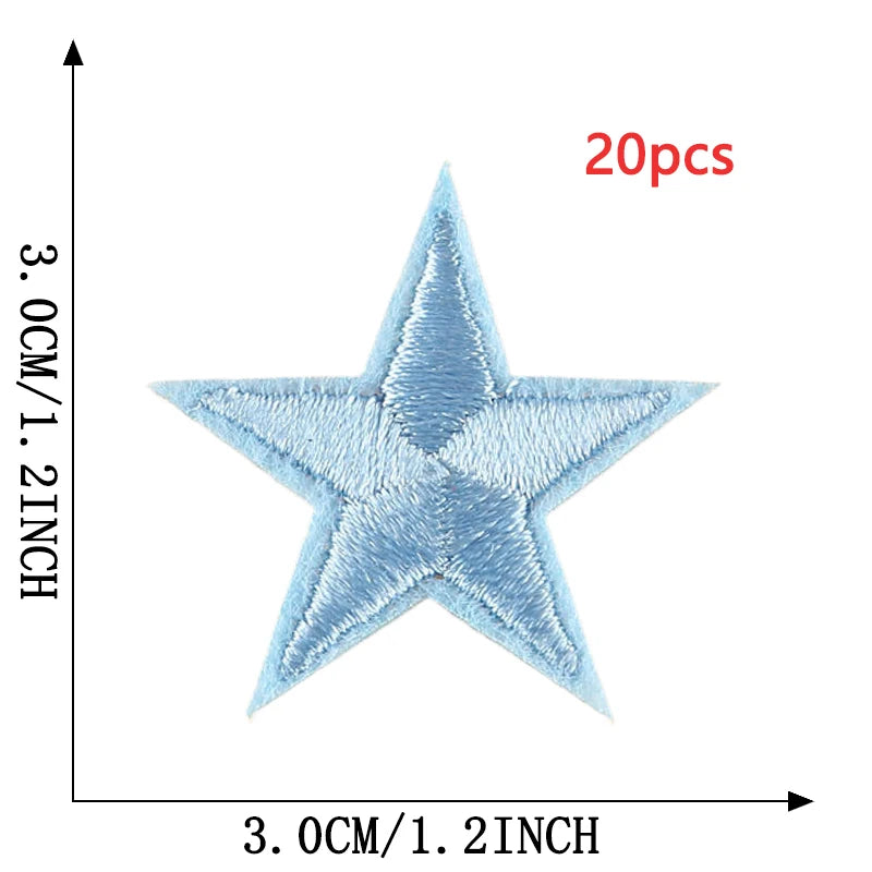 A blue five-pointed star embroidery patch is shown against a measurement scale.