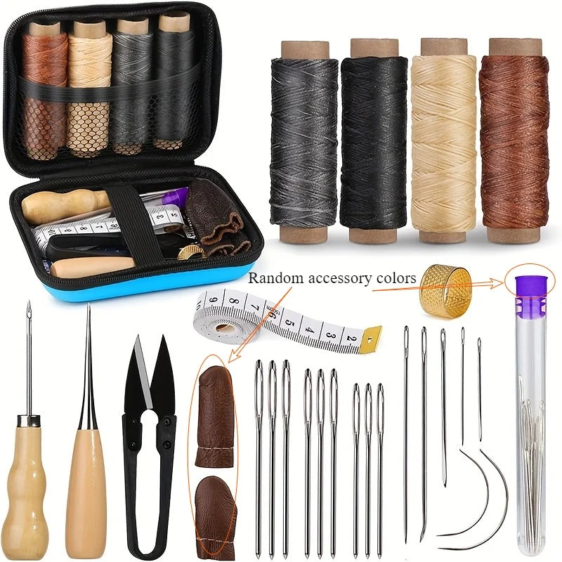 A complete leather craft sewing kit showing waxed thread spools, needles, and various tools for leatherwork.