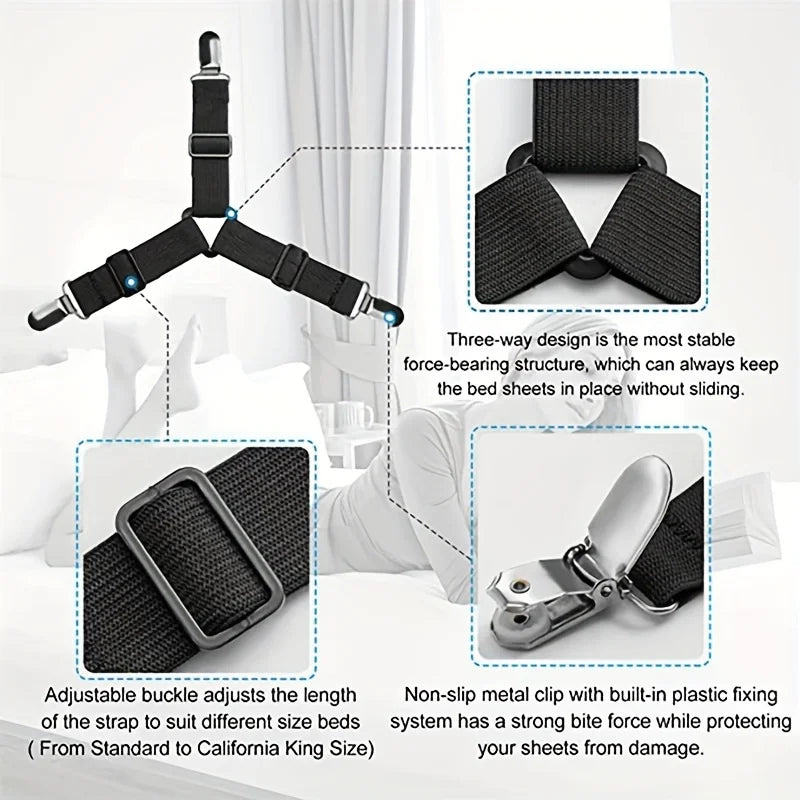 Black adjustable sheet corner grippers with elastic straps designed to keep bed sheets in place.