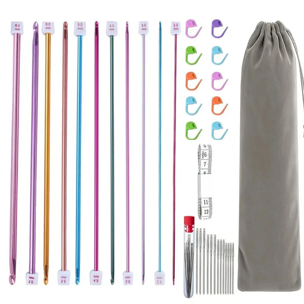 Multicolor stainless steel crochet hook set with various sizes and shapes displayed next to a gray storage bag