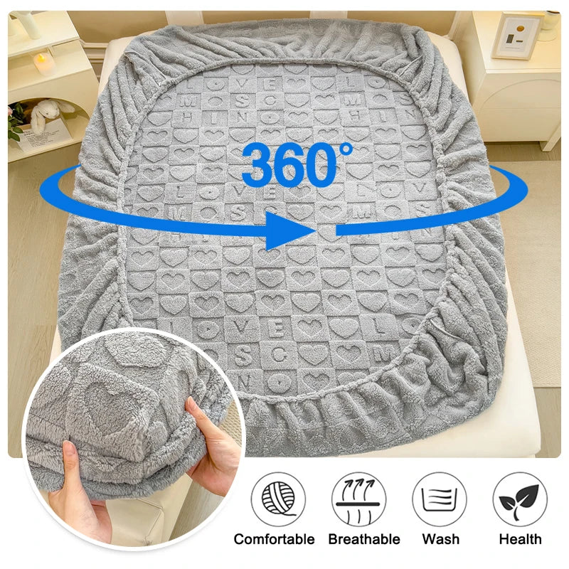 Gray plush jacquard mattress cover shown with a 360 degree view and features for comfort, breathability, washability, and hea