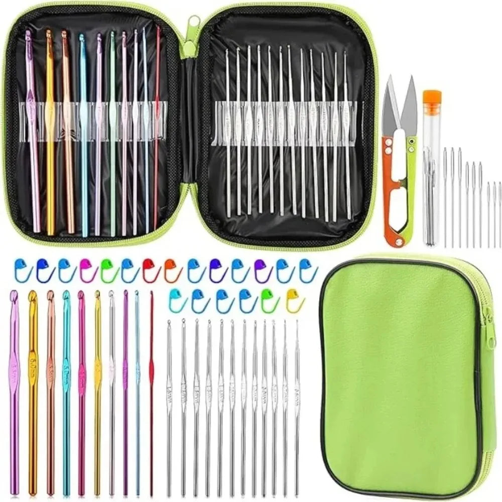 A set of crochet needles and stitch markers stored in black zippered pouches.