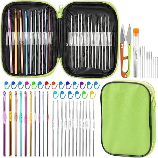 A set of crochet needles and stitch markers stored in black zippered pouches.
