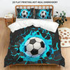 A soccer ball themed bedding set featuring a duvet cover, pillowcases, and decorative pillows with a blue geometric pattern.