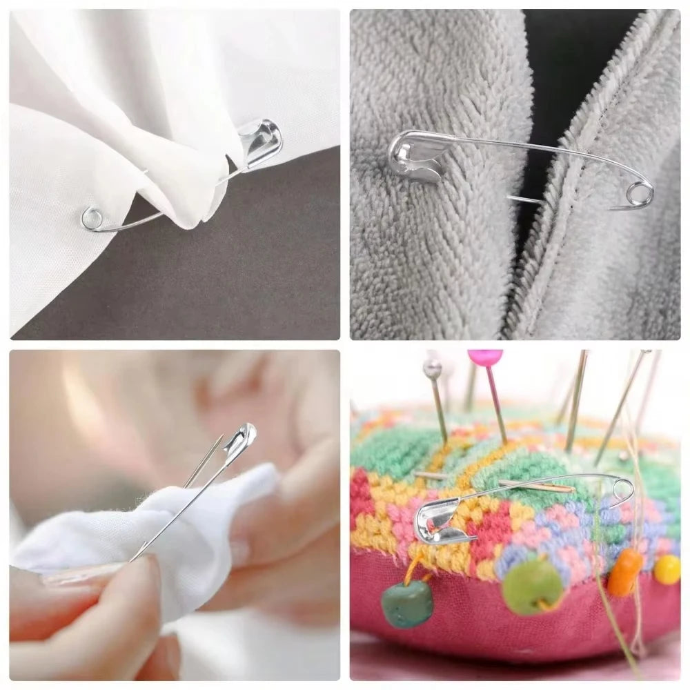Close-up photos showing stainless steel safety pins in various sizes and styles