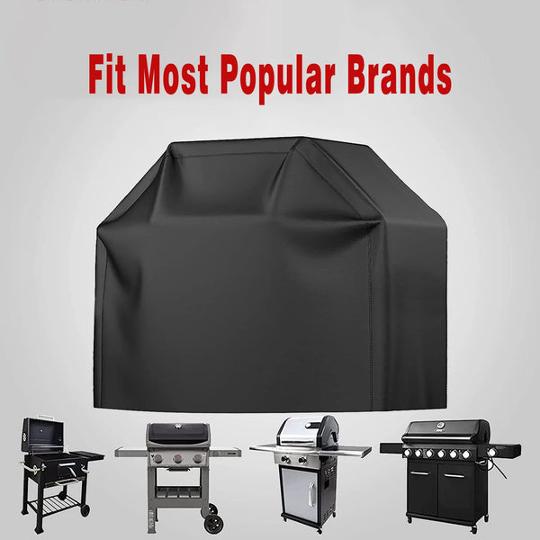 A black heavy duty waterproof grill cover is shown alongside various portable gas grills.