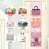 Pink over-the-door storage organizer with multiple compartments for snacks toys clothes diapers and cosmetics