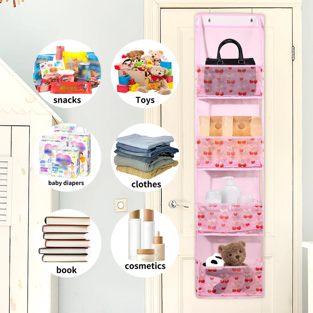 Pink over-the-door storage organizer with multiple compartments for snacks toys clothes diapers and cosmetics