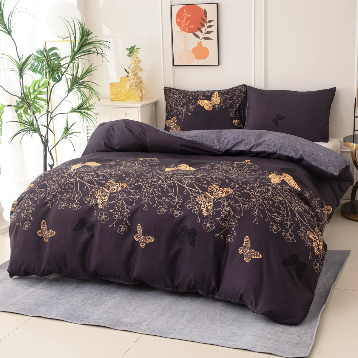 A dark purple duvet cover set featuring a gold butterfly print on a bed with a large green plant.