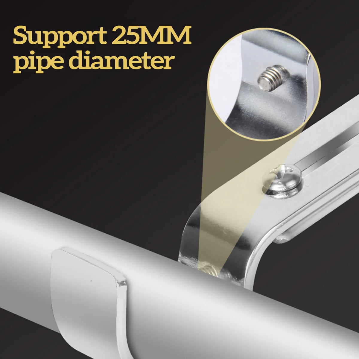 Close-up of an adjustable iron curtain rod rack component showing a support for a 25mm pipe diameter.