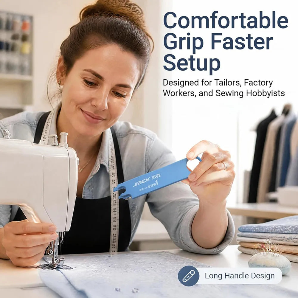 A woman is using a blue sewing machine needle threader with a magnifier and ruler on fabric.